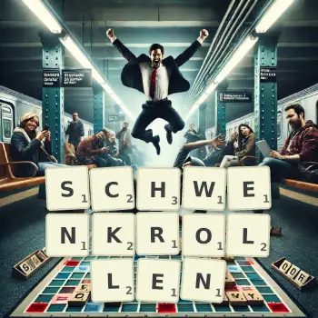 Kreative Illustration für ein Scrabble-Spiel, bei dem das Wort SCHWENKROLLEN mit Steinen auf dem Brett gelegt wurde.