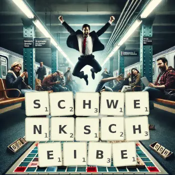 Kreative Illustration für ein Scrabble-Spiel, bei dem das Wort SCHWENKSCHEIBE mit Steinen auf dem Brett gelegt wurde.