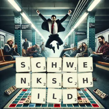 Kreative Illustration für ein Scrabble-Spiel, bei dem das Wort SCHWENKSCHILD mit Steinen auf dem Brett gelegt wurde.
