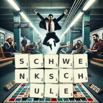 Kreative Illustration für ein Scrabble-Spiel, bei dem das Wort SCHWENKSCHULE mit Steinen auf dem Brett gelegt wurde.