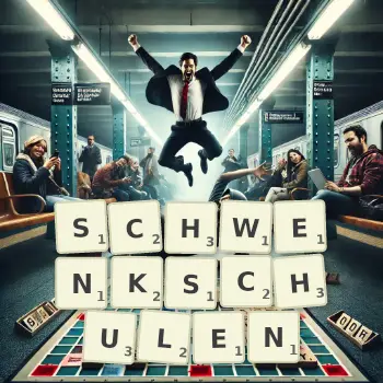 Kreative Illustration für ein Scrabble-Spiel, bei dem das Wort SCHWENKSCHULEN mit Steinen auf dem Brett gelegt wurde.
