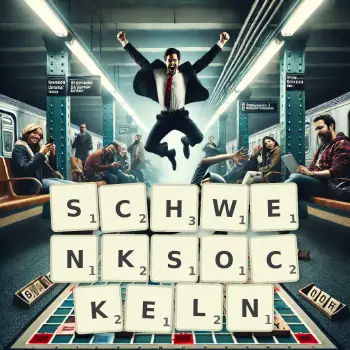 Kreative Illustration für ein Scrabble-Spiel, bei dem das Wort SCHWENKSOCKELN mit Steinen auf dem Brett gelegt wurde.