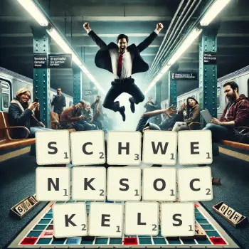 Kreative Illustration für ein Scrabble-Spiel, bei dem das Wort SCHWENKSOCKELS mit Steinen auf dem Brett gelegt wurde.