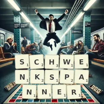 Kreative Illustration für ein Scrabble-Spiel, bei dem das Wort SCHWENKSPANNER mit Steinen auf dem Brett gelegt wurde.
