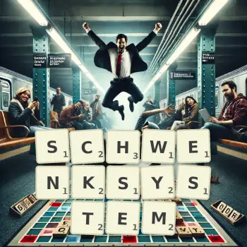 Kreative Illustration für ein Scrabble-Spiel, bei dem das Wort SCHWENKSYSTEM mit Steinen auf dem Brett gelegt wurde.