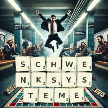 Kreative Illustration für ein Scrabble-Spiel, bei dem das Wort SCHWENKSYSTEME mit Steinen auf dem Brett gelegt wurde.