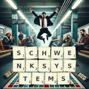 Kreative Illustration für ein Scrabble-Spiel, bei dem das Wort SCHWENKSYSTEMS mit Steinen auf dem Brett gelegt wurde.