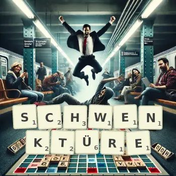 Kreative Illustration für ein Scrabble-Spiel, bei dem das Wort SCHWENKTÜRE mit Steinen auf dem Brett gelegt wurde.