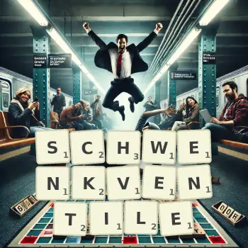 Kreative Illustration für ein Scrabble-Spiel, bei dem das Wort SCHWENKVENTILE mit Steinen auf dem Brett gelegt wurde.