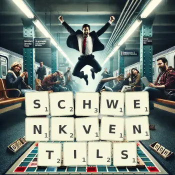 Kreative Illustration für ein Scrabble-Spiel, bei dem das Wort SCHWENKVENTILS mit Steinen auf dem Brett gelegt wurde.