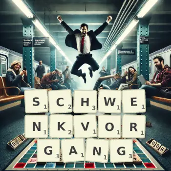Kreative Illustration für ein Scrabble-Spiel, bei dem das Wort SCHWENKVORGANG mit Steinen auf dem Brett gelegt wurde.