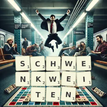 Kreative Illustration für ein Scrabble-Spiel, bei dem das Wort SCHWENKWEITEN mit Steinen auf dem Brett gelegt wurde.
