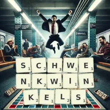 Kreative Illustration für ein Scrabble-Spiel, bei dem das Wort SCHWENKWINKELS mit Steinen auf dem Brett gelegt wurde.