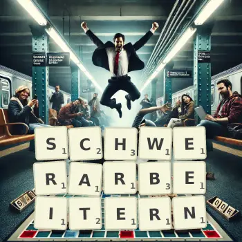 Kreative Illustration für ein Scrabble-Spiel, bei dem das Wort SCHWERARBEITERN mit Steinen auf dem Brett gelegt wurde.