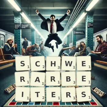 Kreative Illustration für ein Scrabble-Spiel, bei dem das Wort SCHWERARBEITERS mit Steinen auf dem Brett gelegt wurde.