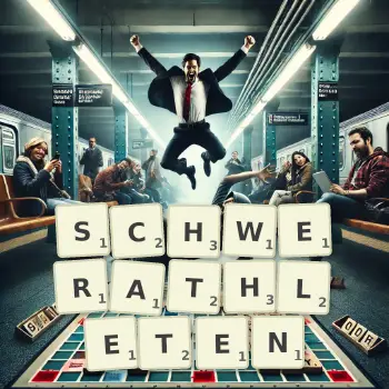 Kreative Illustration für ein Scrabble-Spiel, bei dem das Wort SCHWERATHLETEN mit Steinen auf dem Brett gelegt wurde.