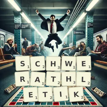 Kreative Illustration für ein Scrabble-Spiel, bei dem das Wort SCHWERATHLETIK mit Steinen auf dem Brett gelegt wurde.