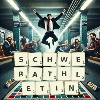 Kreative Illustration für ein Scrabble-Spiel, bei dem das Wort SCHWERATHLETIN mit Steinen auf dem Brett gelegt wurde.