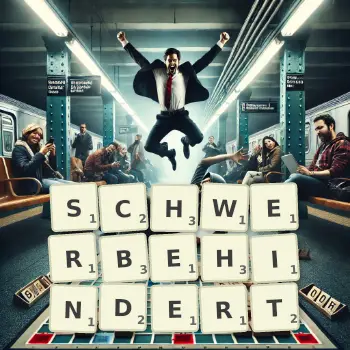 Kreative Illustration für ein Scrabble-Spiel, bei dem das Wort SCHWERBEHINDERT mit Steinen auf dem Brett gelegt wurde.