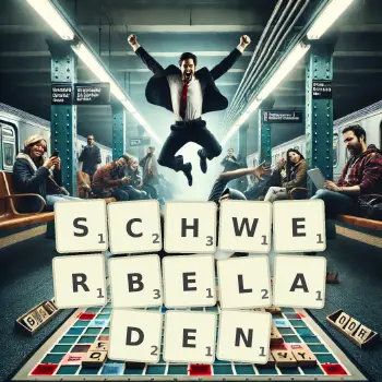 Kreative Illustration für ein Scrabble-Spiel, bei dem das Wort SCHWERBELADEN mit Steinen auf dem Brett gelegt wurde.
