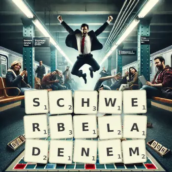 Kreative Illustration für ein Scrabble-Spiel, bei dem das Wort SCHWERBELADENEM mit Steinen auf dem Brett gelegt wurde.