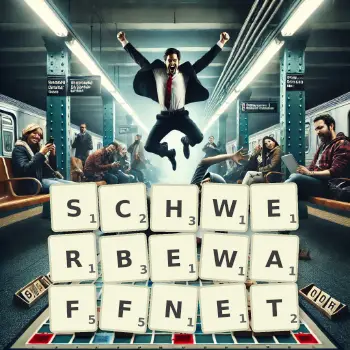 Kreative Illustration für ein Scrabble-Spiel, bei dem das Wort SCHWERBEWAFFNET mit Steinen auf dem Brett gelegt wurde.