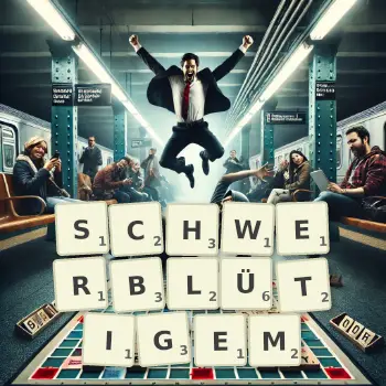 Kreative Illustration für ein Scrabble-Spiel, bei dem das Wort SCHWERBLÜTIGEM mit Steinen auf dem Brett gelegt wurde.