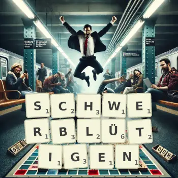 Kreative Illustration für ein Scrabble-Spiel, bei dem das Wort SCHWERBLÜTIGEN mit Steinen auf dem Brett gelegt wurde.