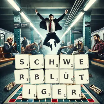 Kreative Illustration für ein Scrabble-Spiel, bei dem das Wort SCHWERBLÜTIGER mit Steinen auf dem Brett gelegt wurde.