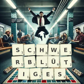 Kreative Illustration für ein Scrabble-Spiel, bei dem das Wort SCHWERBLÜTIGES mit Steinen auf dem Brett gelegt wurde.