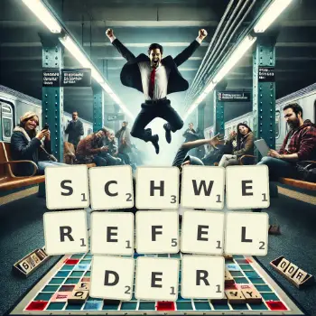 Kreative Illustration für ein Scrabble-Spiel, bei dem das Wort SCHWEREFELDER mit Steinen auf dem Brett gelegt wurde.