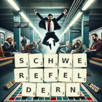 Kreative Illustration für ein Scrabble-Spiel, bei dem das Wort SCHWEREFELDERN mit Steinen auf dem Brett gelegt wurde.