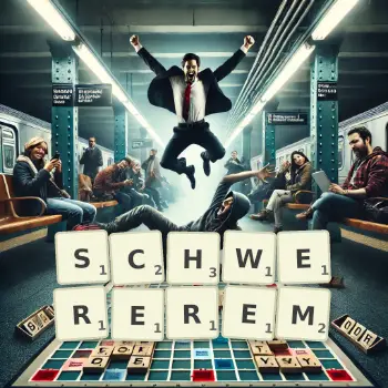 Kreative Illustration für ein Scrabble-Spiel, bei dem das Wort SCHWEREREM mit Steinen auf dem Brett gelegt wurde.