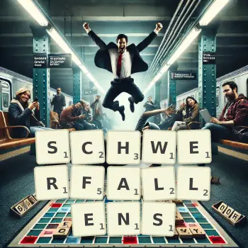 Kreative Illustration für ein Scrabble-Spiel, bei dem das Wort SCHWERFALLENS mit Steinen auf dem Brett gelegt wurde.