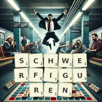 Kreative Illustration für ein Scrabble-Spiel, bei dem das Wort SCHWERFIGUREN mit Steinen auf dem Brett gelegt wurde.