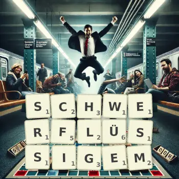 Kreative Illustration für ein Scrabble-Spiel, bei dem das Wort SCHWERFLÜSSIGEM mit Steinen auf dem Brett gelegt wurde.