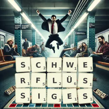 Kreative Illustration für ein Scrabble-Spiel, bei dem das Wort SCHWERFLÜSSIGES mit Steinen auf dem Brett gelegt wurde.