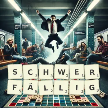 Kreative Illustration für ein Scrabble-Spiel, bei dem das Wort SCHWERFÄLLIG mit Steinen auf dem Brett gelegt wurde.