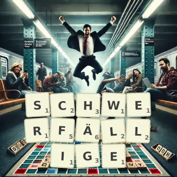 Kreative Illustration für ein Scrabble-Spiel, bei dem das Wort SCHWERFÄLLIGE mit Steinen auf dem Brett gelegt wurde.