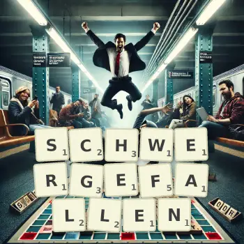 Kreative Illustration für ein Scrabble-Spiel, bei dem das Wort SCHWERGEFALLEN mit Steinen auf dem Brett gelegt wurde.