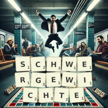 Kreative Illustration für ein Scrabble-Spiel, bei dem das Wort SCHWERGEWICHTE mit Steinen auf dem Brett gelegt wurde.