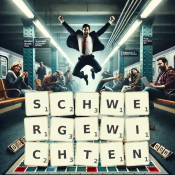 Kreative Illustration für ein Scrabble-Spiel, bei dem das Wort SCHWERGEWICHTEN mit Steinen auf dem Brett gelegt wurde.