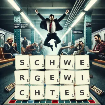 Kreative Illustration für ein Scrabble-Spiel, bei dem das Wort SCHWERGEWICHTES mit Steinen auf dem Brett gelegt wurde.