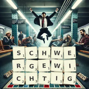 Kreative Illustration für ein Scrabble-Spiel, bei dem das Wort SCHWERGEWICHTIG mit Steinen auf dem Brett gelegt wurde.