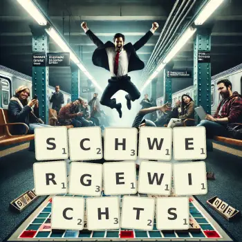 Kreative Illustration für ein Scrabble-Spiel, bei dem das Wort SCHWERGEWICHTS mit Steinen auf dem Brett gelegt wurde.