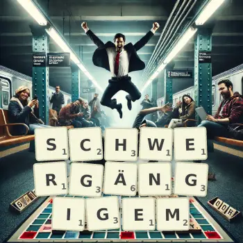 Kreative Illustration für ein Scrabble-Spiel, bei dem das Wort SCHWERGÄNGIGEM mit Steinen auf dem Brett gelegt wurde.