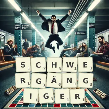 Kreative Illustration für ein Scrabble-Spiel, bei dem das Wort SCHWERGÄNGIGER mit Steinen auf dem Brett gelegt wurde.