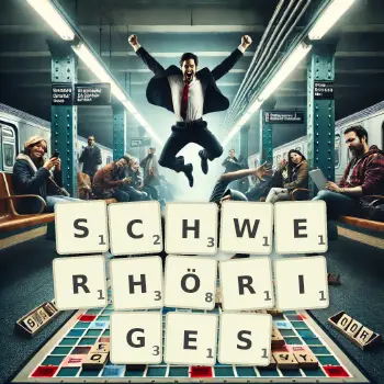 Kreative Illustration für ein Scrabble-Spiel, bei dem das Wort SCHWERHÖRIGES mit Steinen auf dem Brett gelegt wurde.