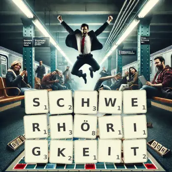 Kreative Illustration für ein Scrabble-Spiel, bei dem das Wort SCHWERHÖRIGKEIT mit Steinen auf dem Brett gelegt wurde.