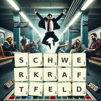 Kreative Illustration für ein Scrabble-Spiel, bei dem das Wort SCHWERKRAFTFELD mit Steinen auf dem Brett gelegt wurde.